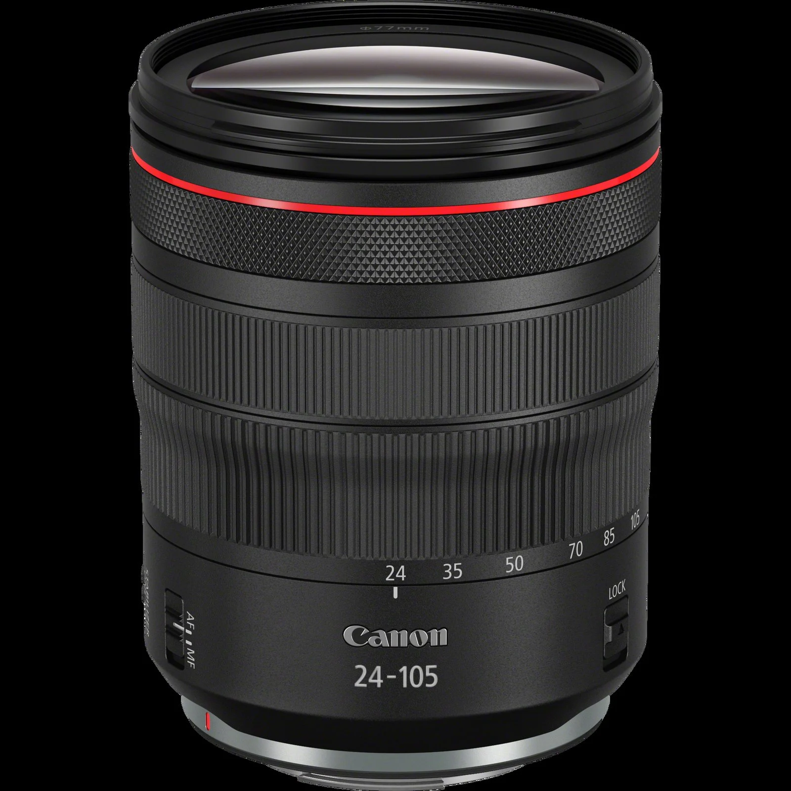 เลนส์ Canon RF 24-105mm F4L IS USM มุมเฉียงจากด้านบน เห็นวงแหวน Control Ring ด้านหน้า