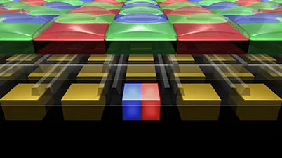 ภาพกราฟิกอธิบาย Dual Pixel CMOS AF พิกเซลบนเซนเซอร์ของ Canon แต่ละช่องแบ่งเป็นสองส่วน