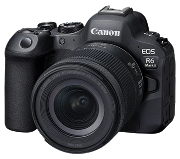 กล้อง Canon EOS R6 Mark II ที่ใช้ Dual Pixel CMOS AF II ติดเลนส์ RF24-105mm f/4-7.1 IS STM มุมเฉียงด้านหน้า