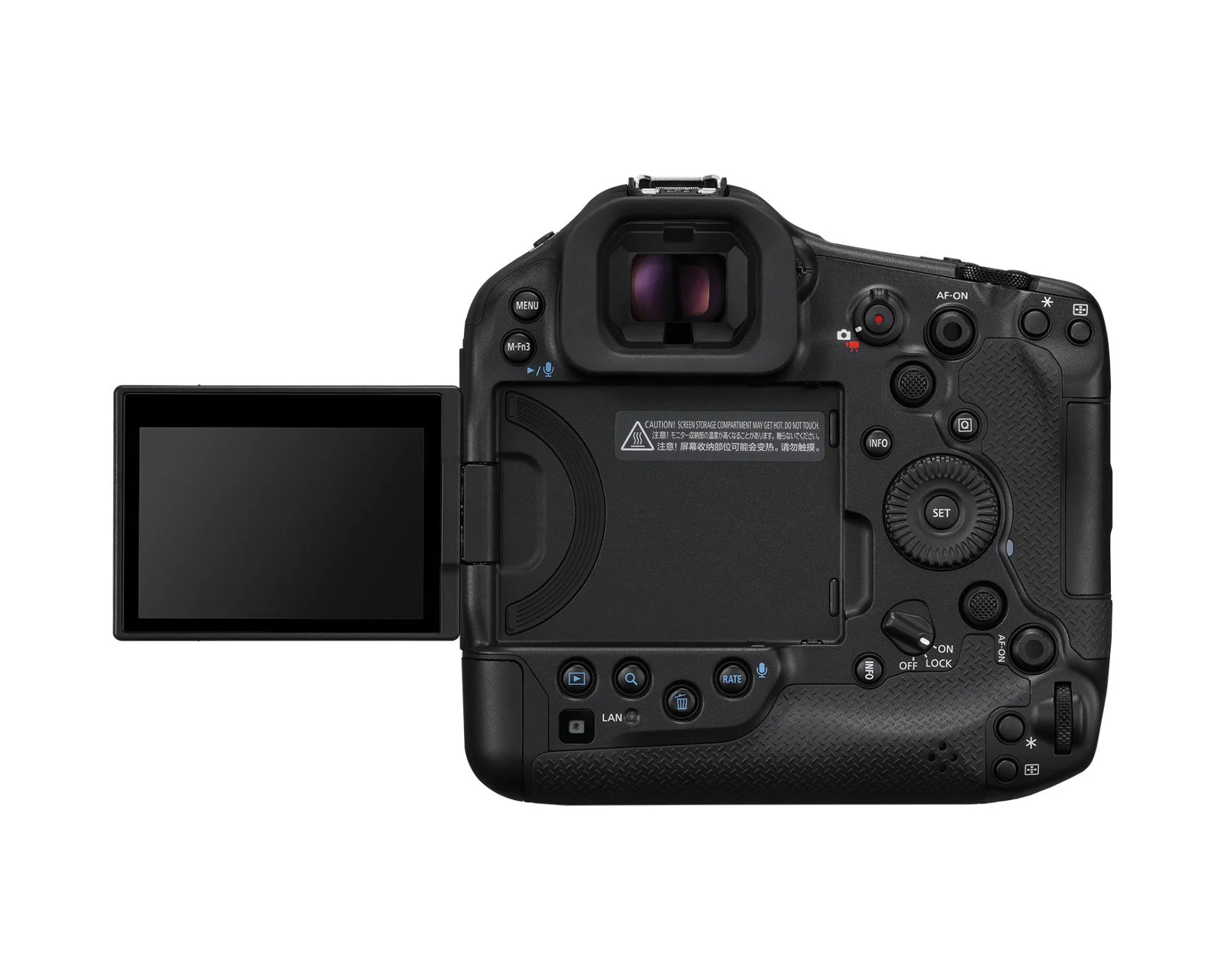 ด้านหลังกล้อง Canon EOS R1 เห็นจอพับและปุ่มควบคุม