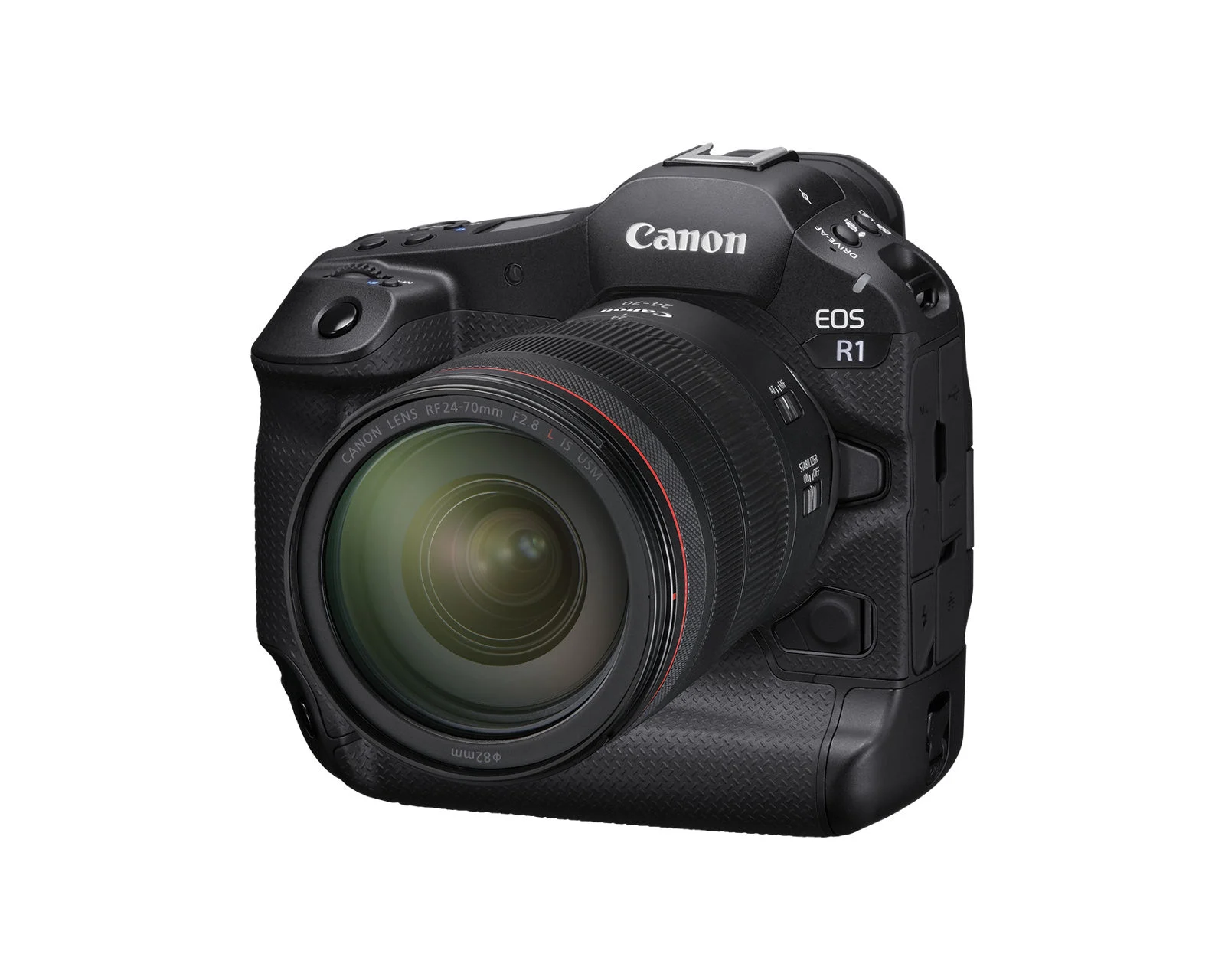 กล้อง Canon EOS R1 บอดี้ทรงโปรพร้อมกริปแนวตั้งติดเลนส์ มุมหน้าเฉียง