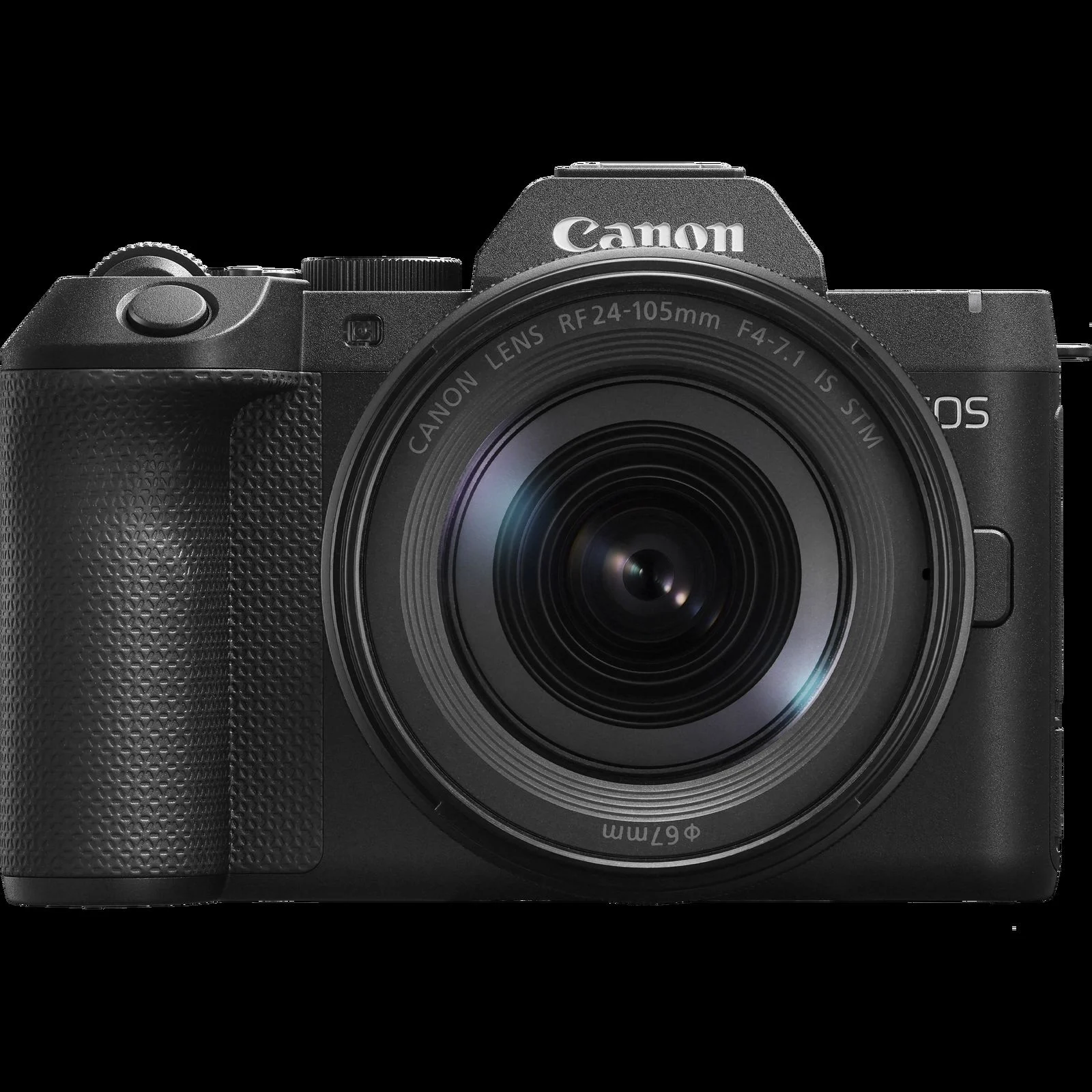 กล้อง Canon EOS R8 Mark II สีดำติดเลนส์ RF 24-105mm มุมหน้าเฉียงบนพื้นดำ
