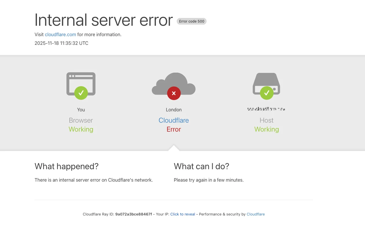 หน้าข้อผิดพลาดที่ผู้ใช้เห็นตอน Cloudflare ล่มวันที่ 18 พฤศจิกายน 2025