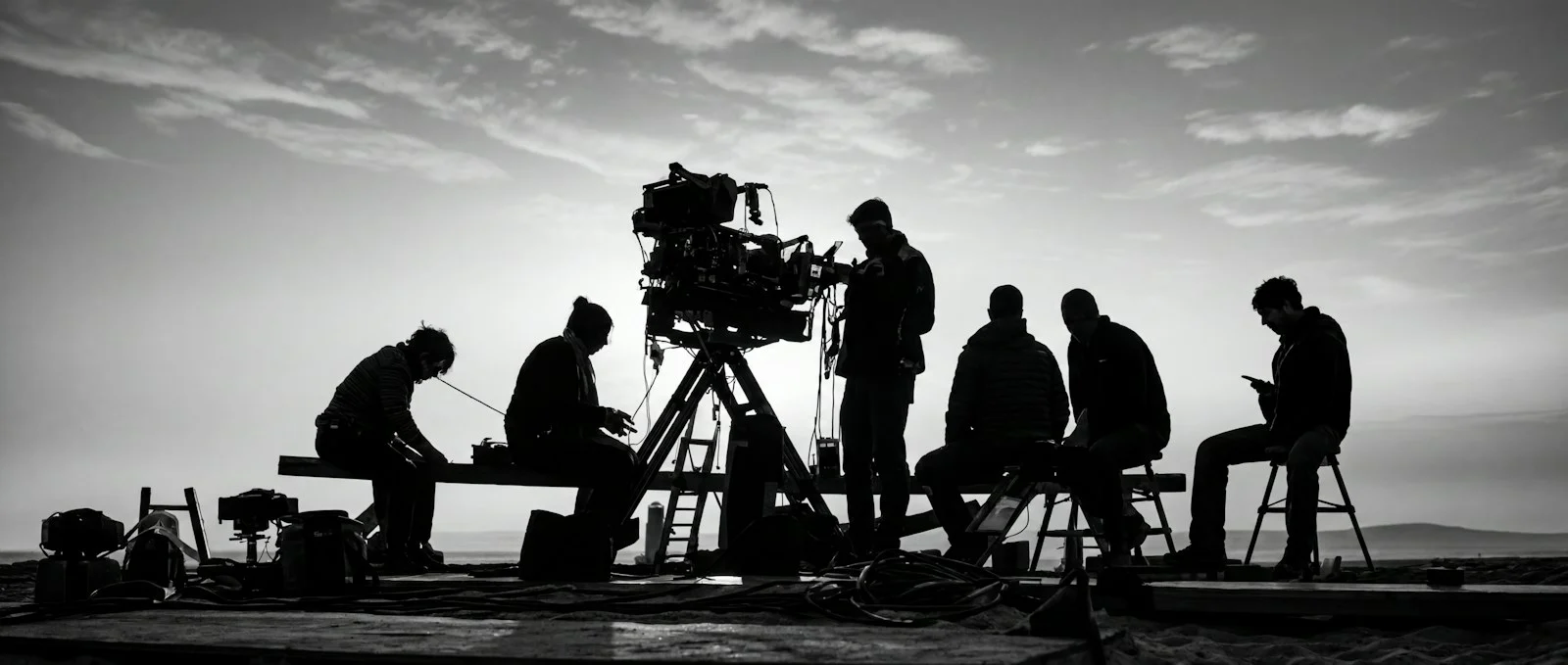 ทีมงานกองถ่ายยืนรอบกล้องถ่ายภาพยนตร์ขนาดใหญ่กลางแจ้ง ภาพขาวดำ