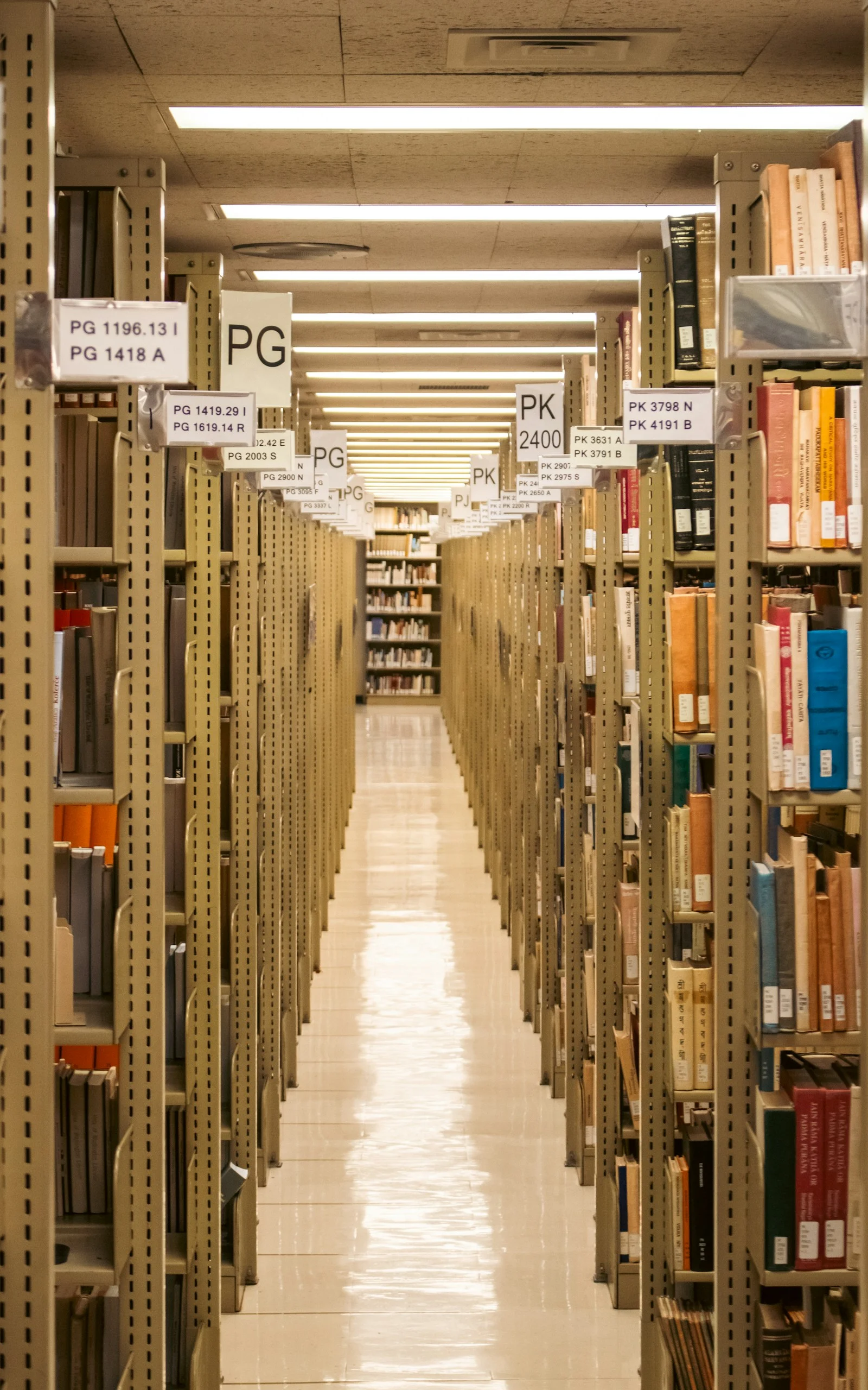 ทางเดินยาวระหว่างชั้นหนังสือสูงในห้องสมุด