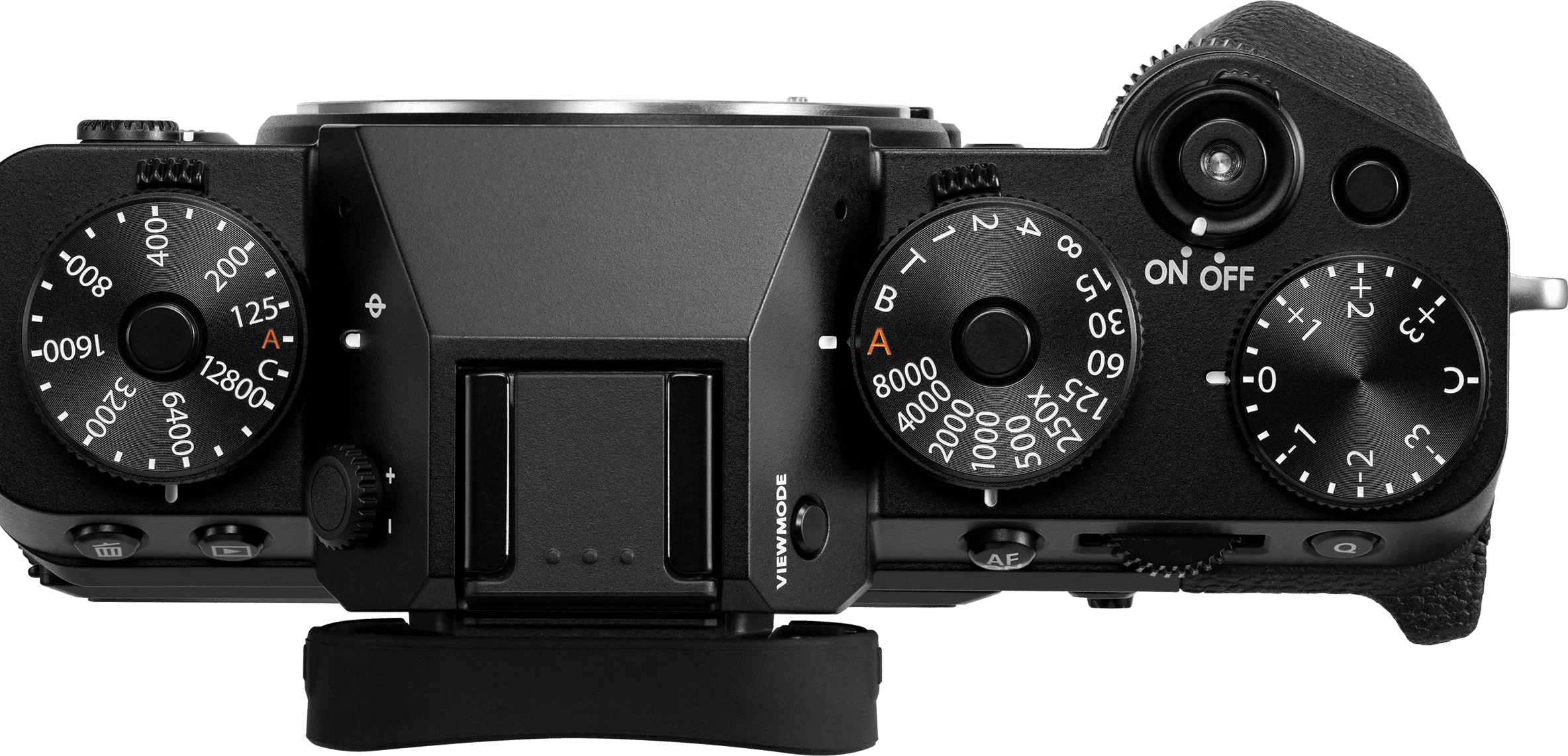 ปุ่มหมุน FUJIFILM บนกล้อง X-T5 มองจากด้านบน มีปุ่ม ISO ปุ่มสปีดชัตเตอร์ และปุ่มชดเชยแสง
