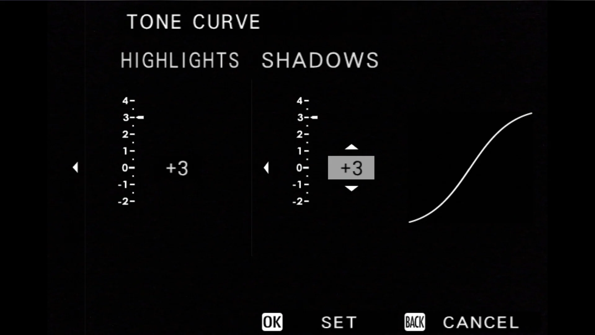 หน้าจอ Tone Curve ในกล้อง FUJIFILM สำหรับปรับ Highlight กับ Shadow
