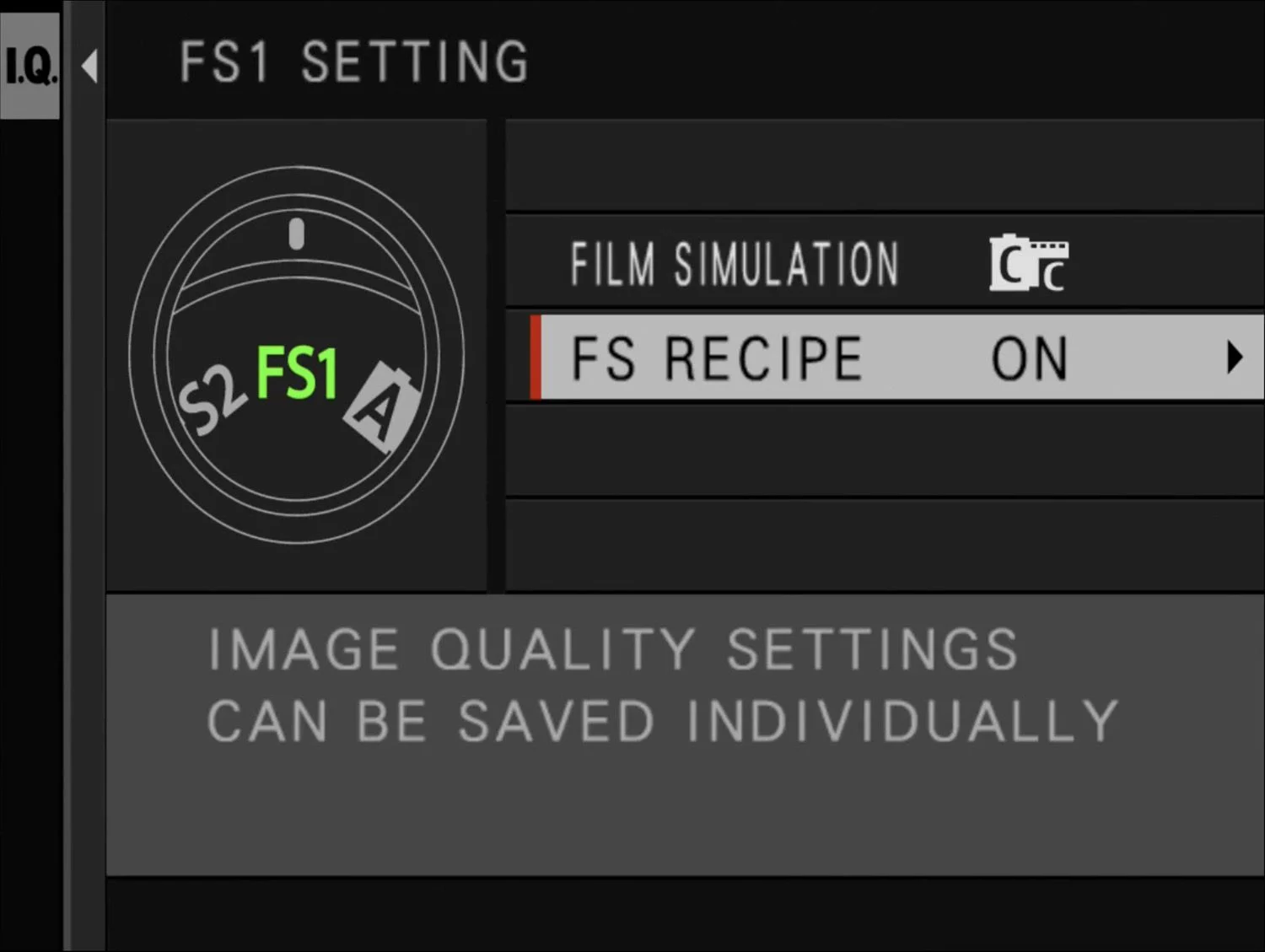 หน้าจอเมนูของ X-E5 ที่ช่อง FS1 เปิด FS RECIPE เป็น ON