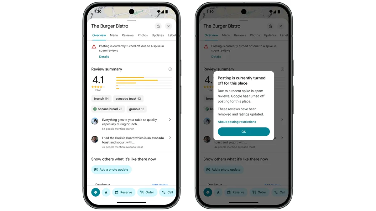 รีวิว Google ถูกพักชั่วคราว มือถือสองเครื่องแสดงแบนเนอร์แจ้งเตือนใหม่ใน Google Maps