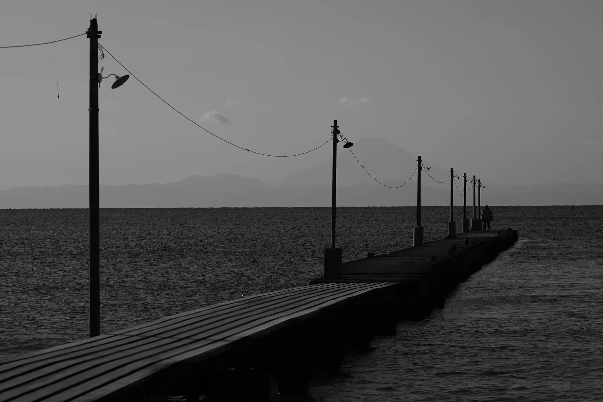ภาพตัวอย่างจาก LUMIX S1II แนวเสาไฟเรียงไปตามสะพานท่าเรือที่ยื่นลงทะเล โทนเกือบขาวดำ