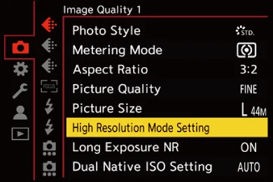 หน้าจอตั้งค่า High Resolution mode ในคู่มือ LUMIX S1RII
