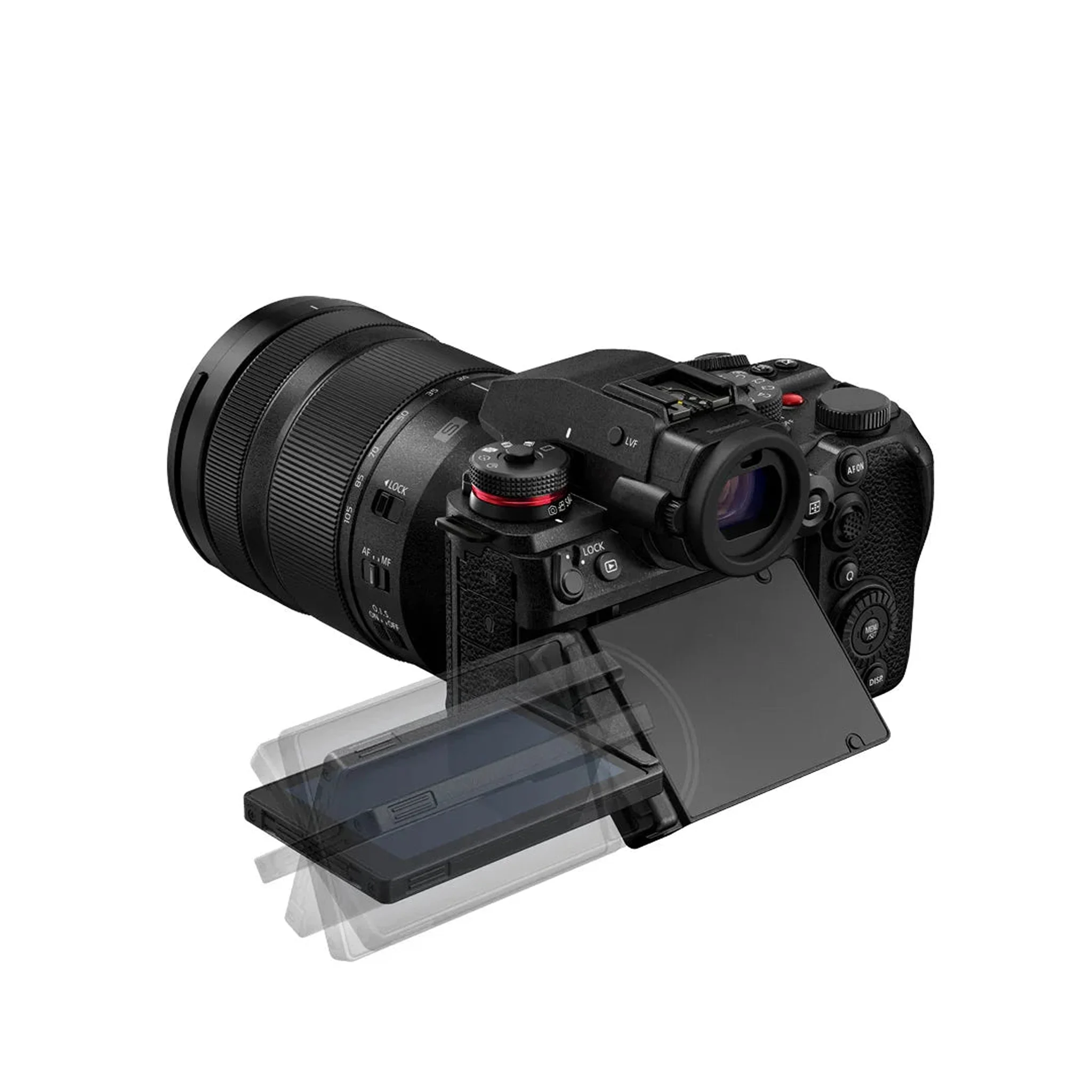 กล้อง LUMIX S1II พร้อมเลนส์ มุมเฉียงด้านหลัง จอพับเอียงขึ้น