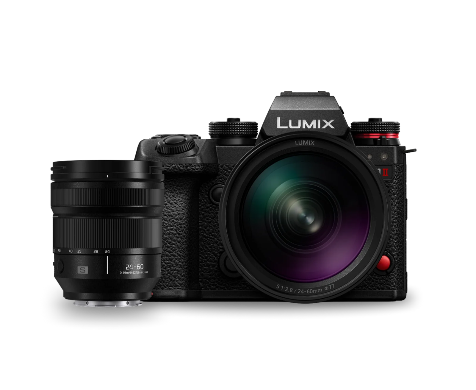 Panasonic LUMIX S1II ด้านหน้า ใส่เลนส์ซูม วางคู่เลนส์อีกตัว