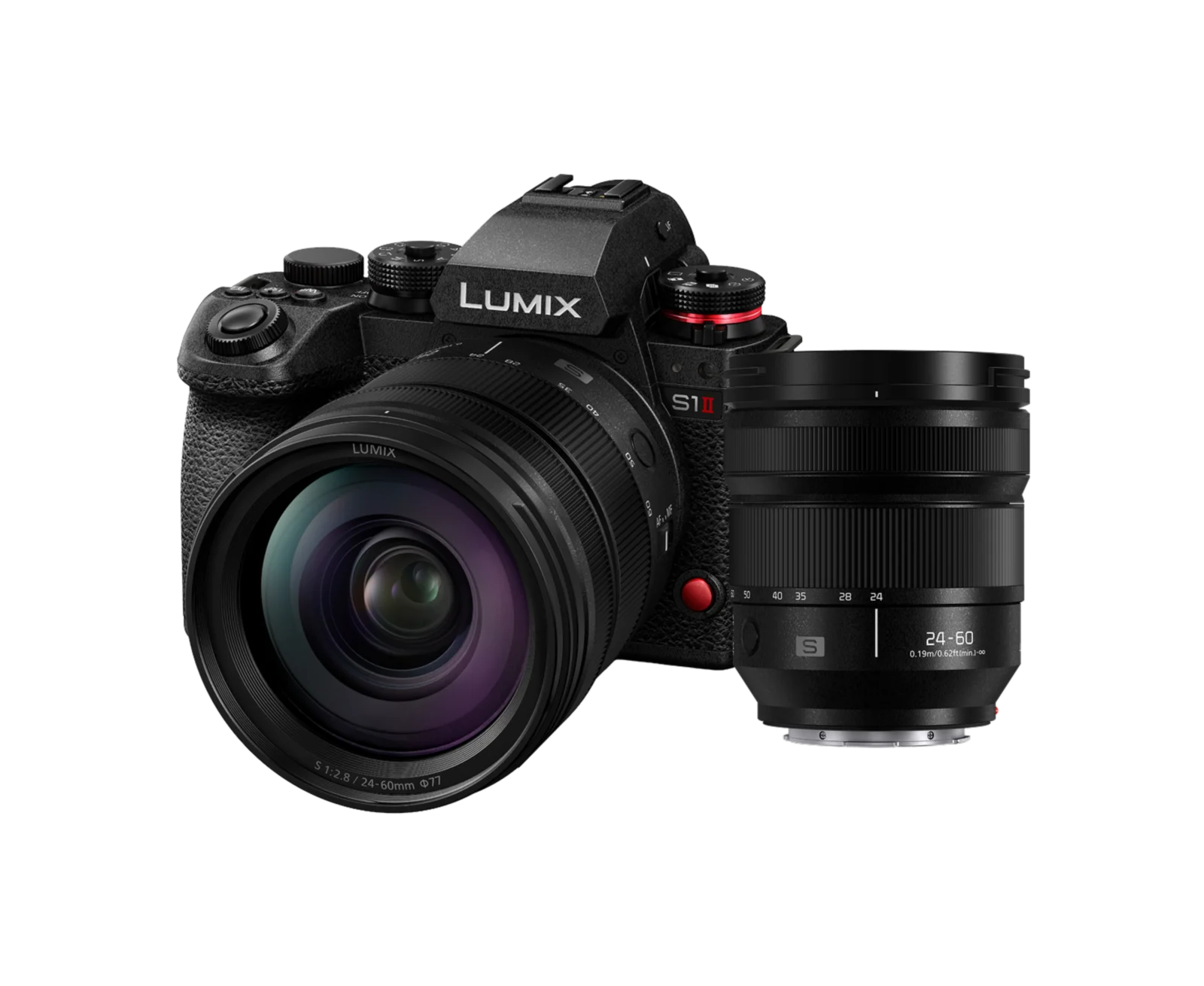 Panasonic LUMIX S1II ด้านหน้า ใส่เลนส์ซูม วางคู่เลนส์อีกตัว