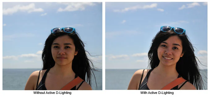 ภาพผู้หญิงที่ชายหาดสองภาพเทียบกัน ถ่ายแบบเปิดและไม่เปิด Active D-Lighting