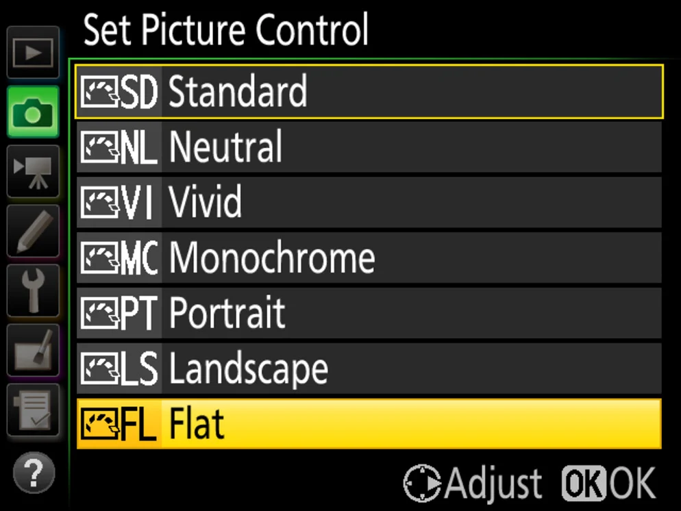 หน้าเมนูรายการ Picture Control บนกล้อง Nikon