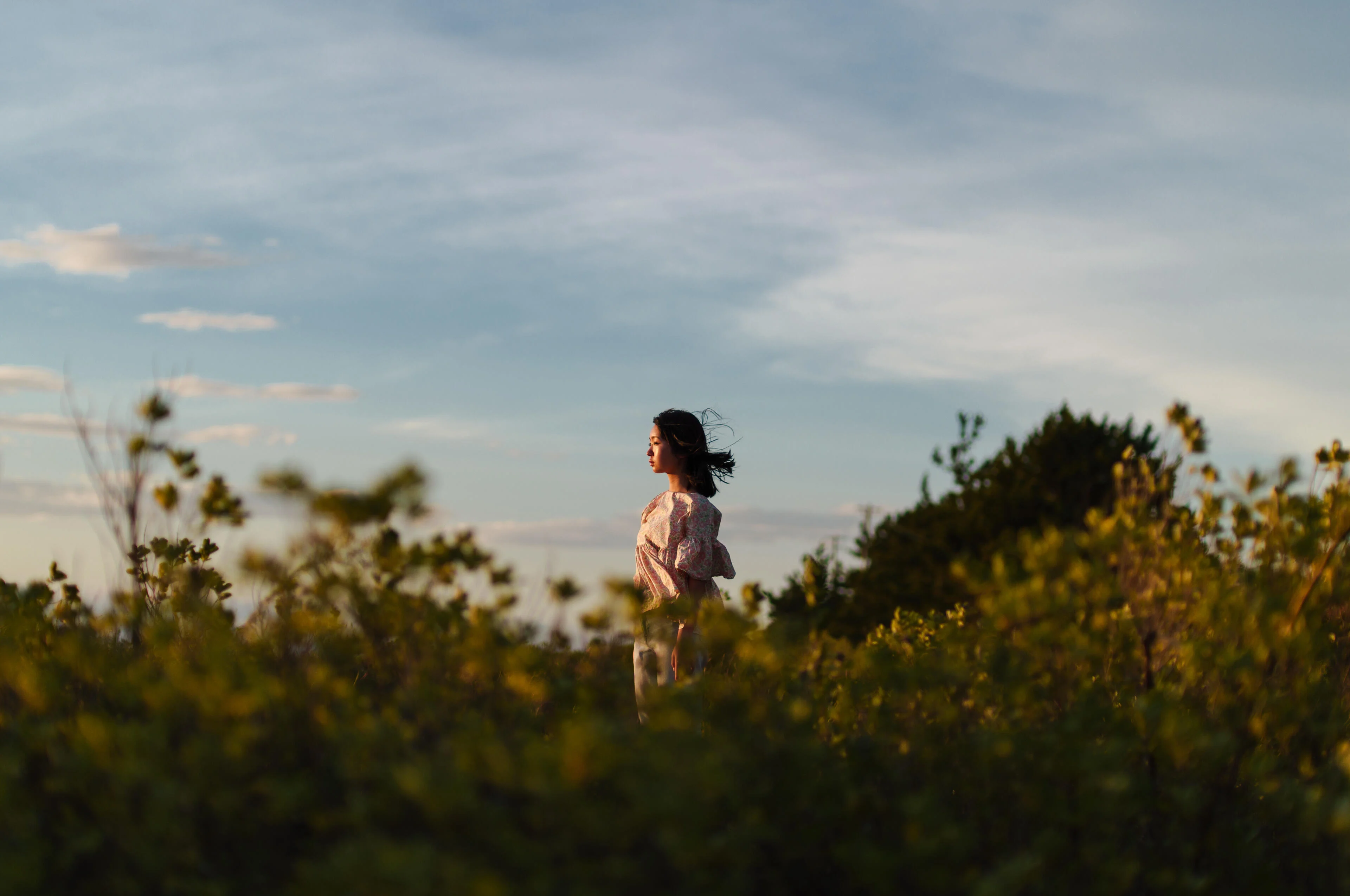 ภาพตัวอย่างจาก SIGMA 50mm F1.4 CL คนยืนในทุ่งดอกไม้ยามเย็น