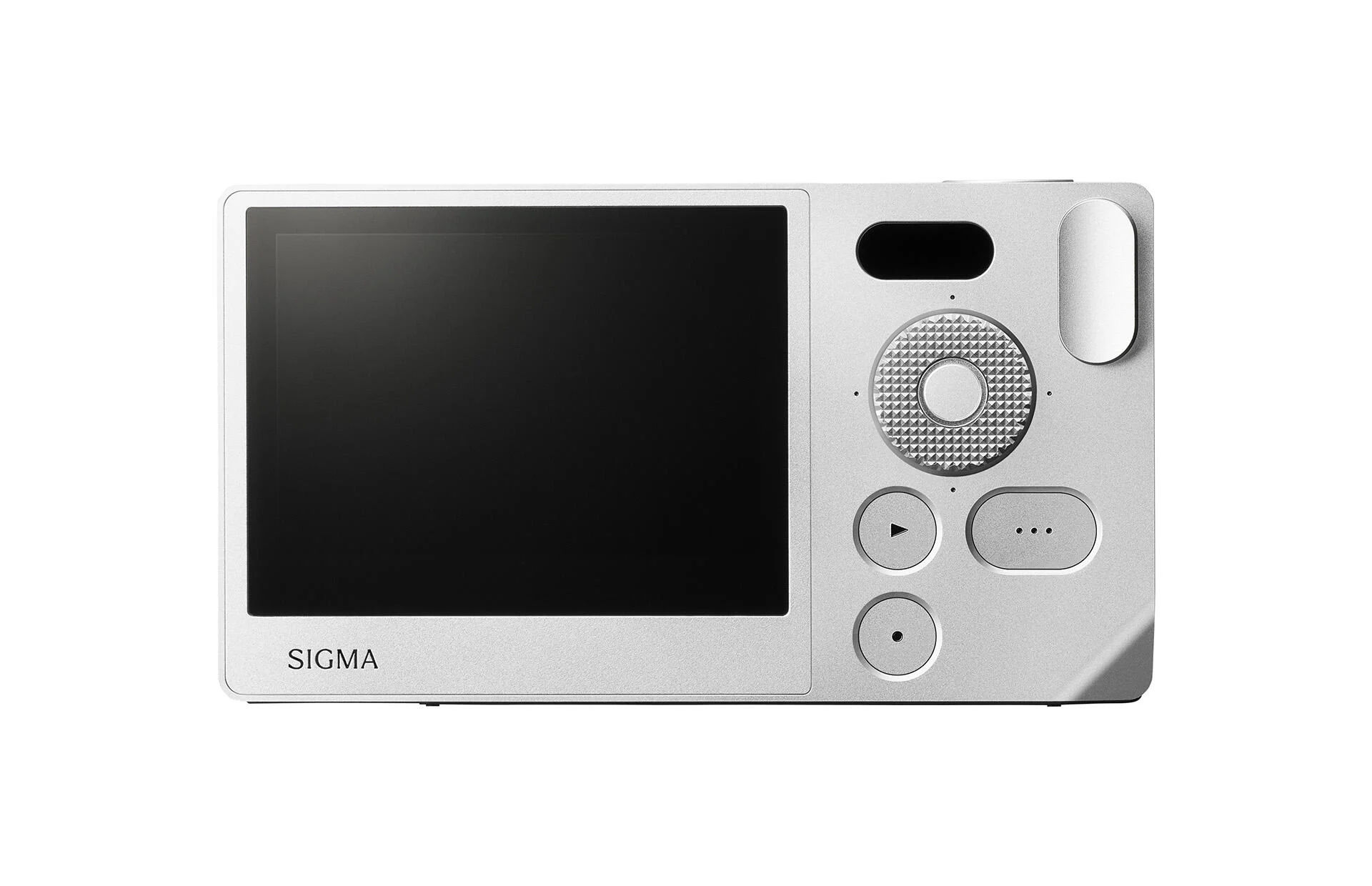 ด้านหลังกล้อง SIGMA BF สีเงิน มีจอภาพ วงแหวนควบคุม และปุ่มกดไม่กี่ปุ่ม