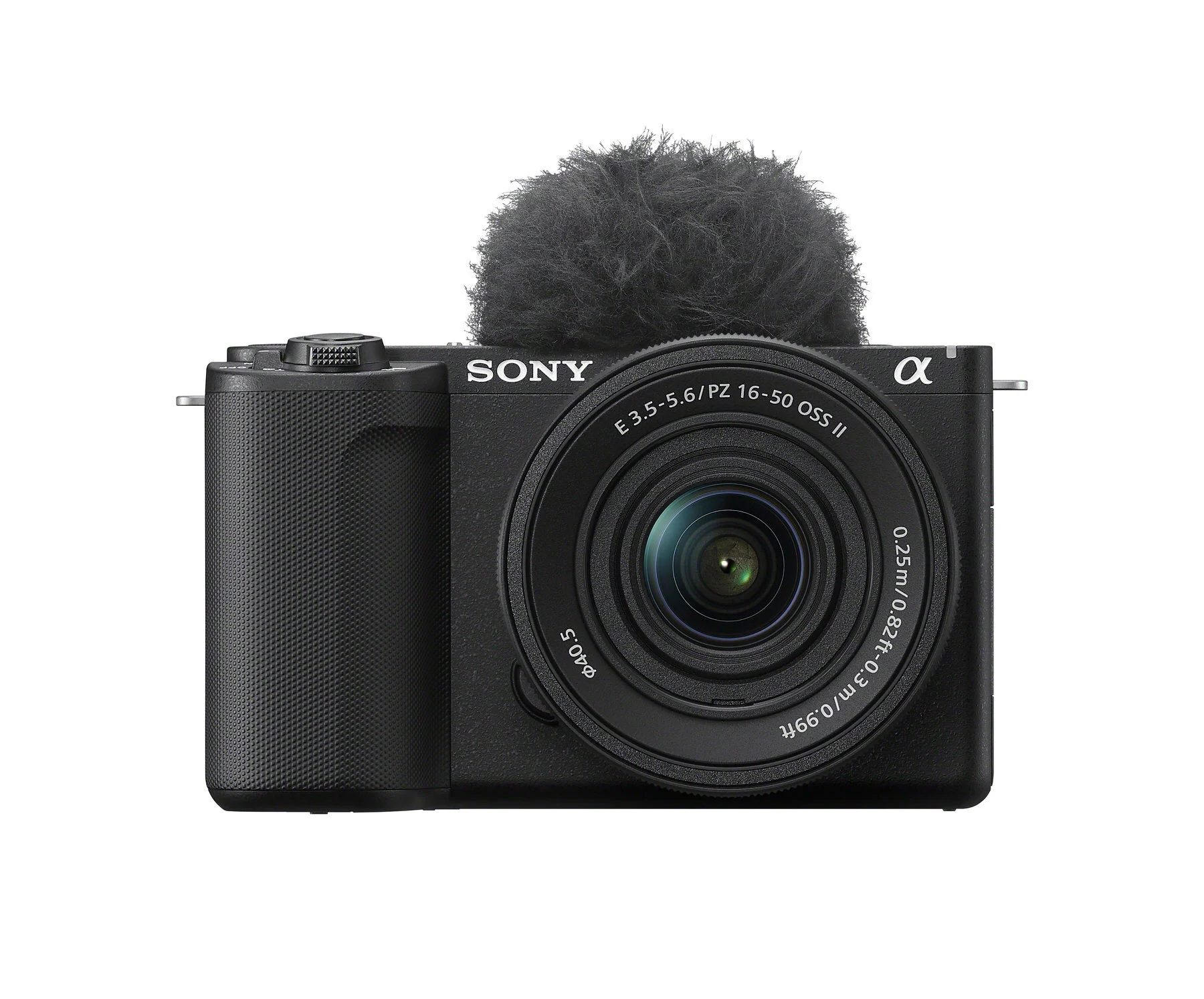 กล้อง Sony ZV-E10 II สีดำ รุ่นที่มี Product Showcase ติดเลนส์ E PZ 16-50mm F3.5-5.6 OSS II และฟองน้ำกันลมบนไมค์ มุมด้านหน้า